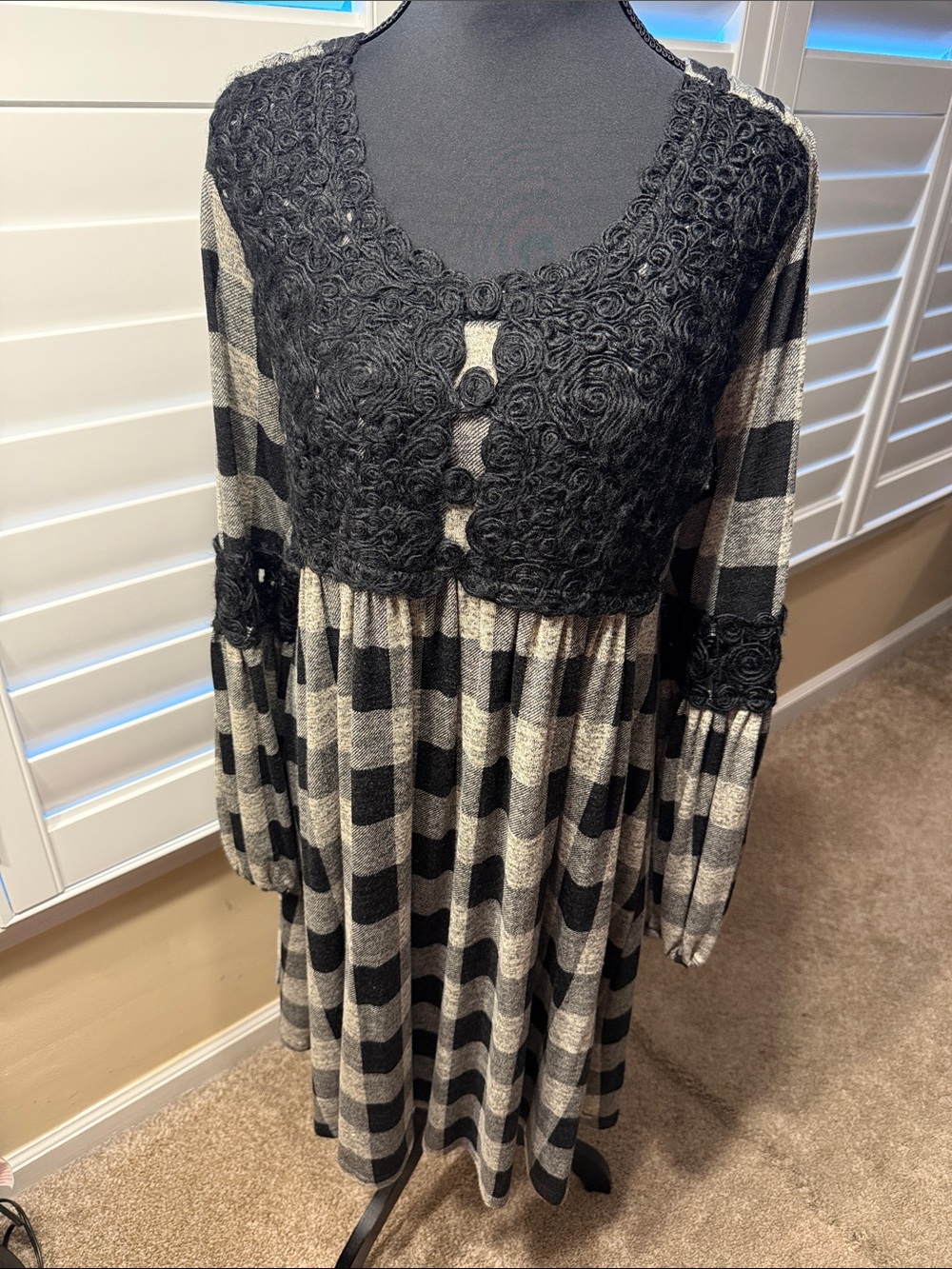 new directions Black and Gray Plaid Long Sleeve Dress with Lace Bodice